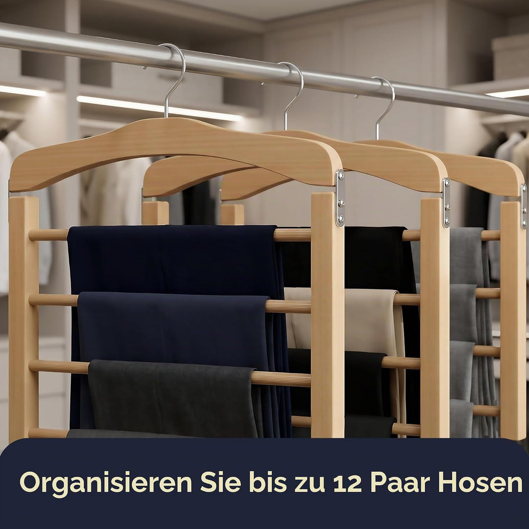 Hangerworld 3 Holz Hosenbügel Mit 4 rutschfesten Hosenstegen 38cm Naturfarben Holz Kleiderbügel, 3