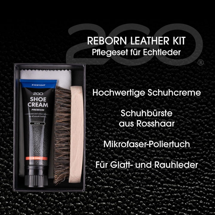 2GO Schuh-Reinigungsset - Reborn Leather Kit, Schuhcreme, Reinigungsbürste, Mikrofasertuch, für Lede
