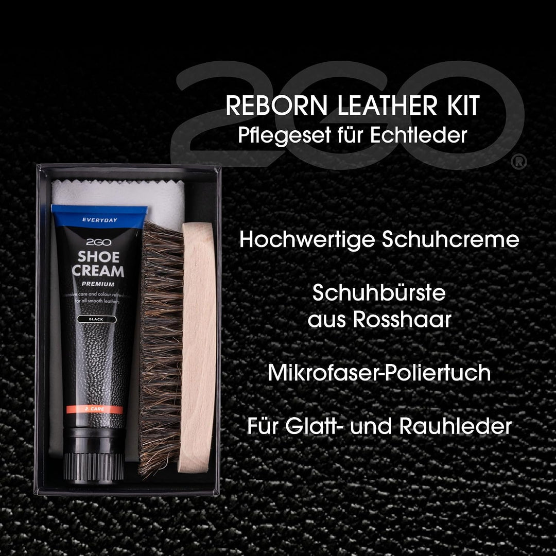 2GO Schuh-Reinigungsset - Reborn Leather Kit, Schuhcreme, Reinigungsbürste, Mikrofasertuch, für Lede