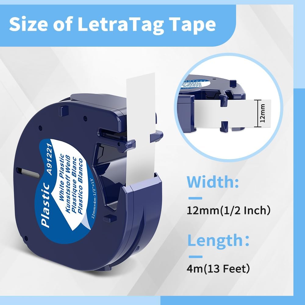 5x Wonfoucs Kompatible für Dymo Etikettenband LetraTag 12mm x 4m Plastik Weiss, für Dymo Letratag XR