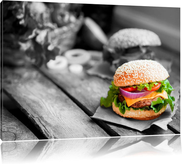 Pixxprint Leckere Burger als Leinwandbild/Grösse: 100x70 / Wandbild/Kunstdruck/fertig bespannt, 100x