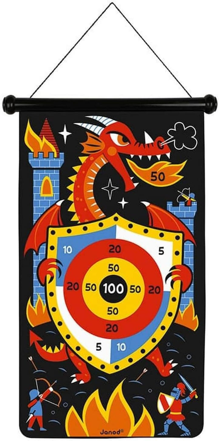 Janod - Magnetisches Dartspiel mit dem Thema Drachen und Ritter - Vorderseite/Rückseite Geschicklich