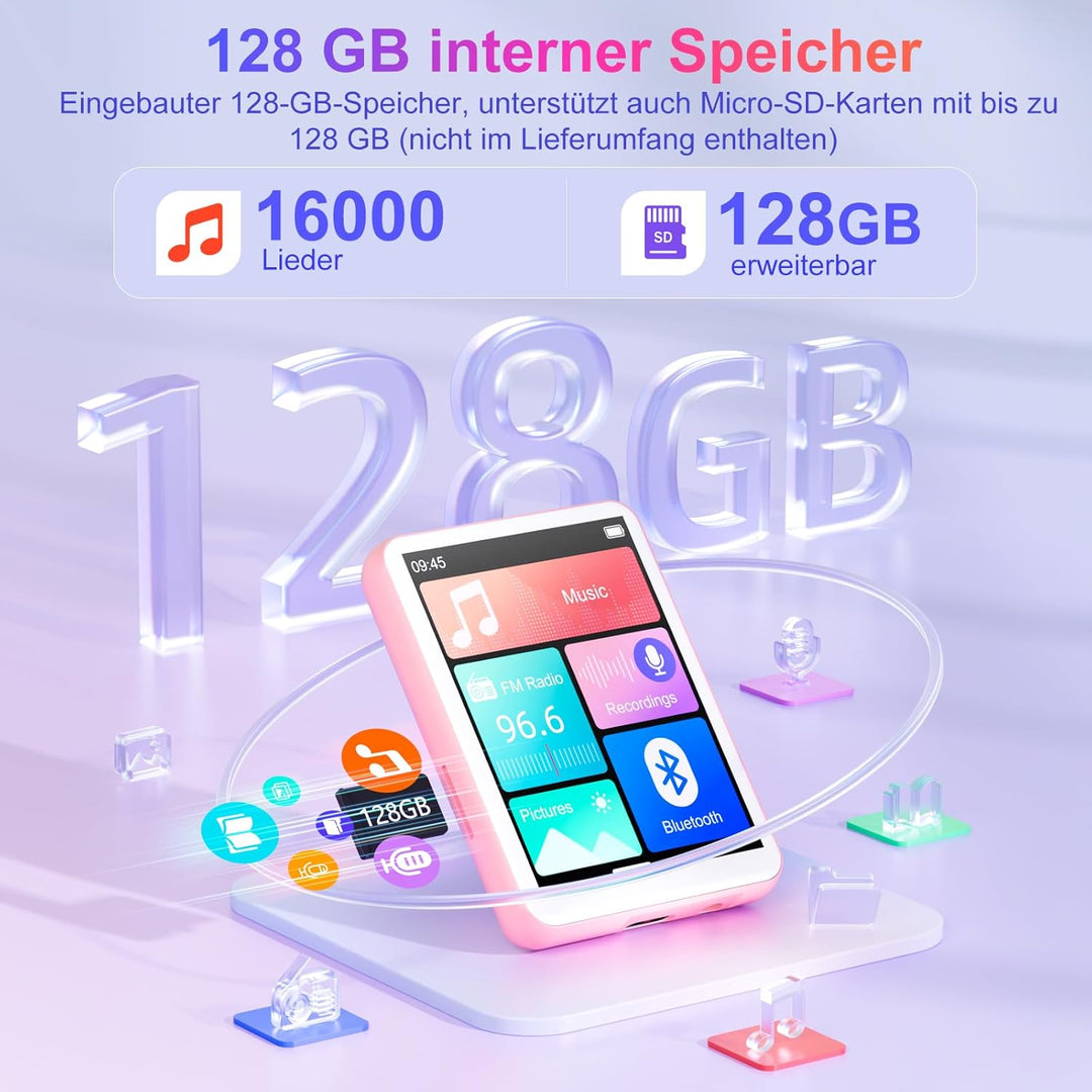 128GB MP3-Player Bluetooth 5.4, 2.4" Full Touchscreen Tragbarer MP3 Musik Player mit Lautsprecher, F