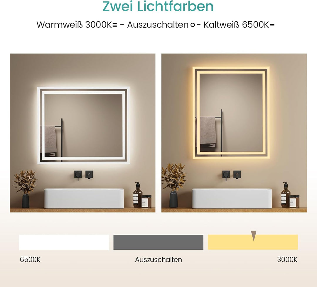 EMKE LED Badspiegel mit Beleuchtung 50x60cm LED Wandspiegel Warmweisses Licht und Kaltesweisses Lich