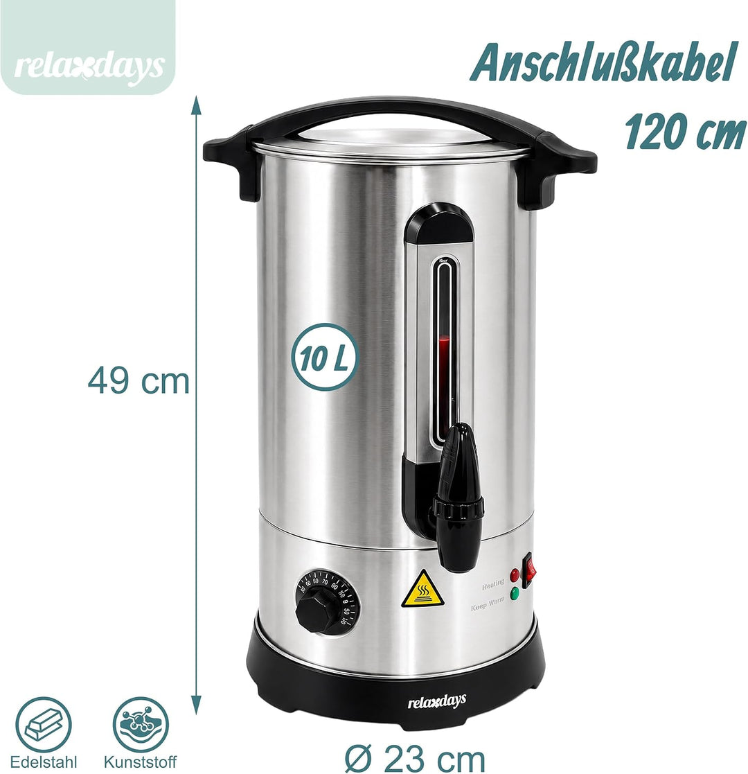 Relaxdays Glühweinkocher, 10 l, 30–110 °C, Zapfhahn, Thermostat, Silber | Füllstandsanzeige, Edelsta