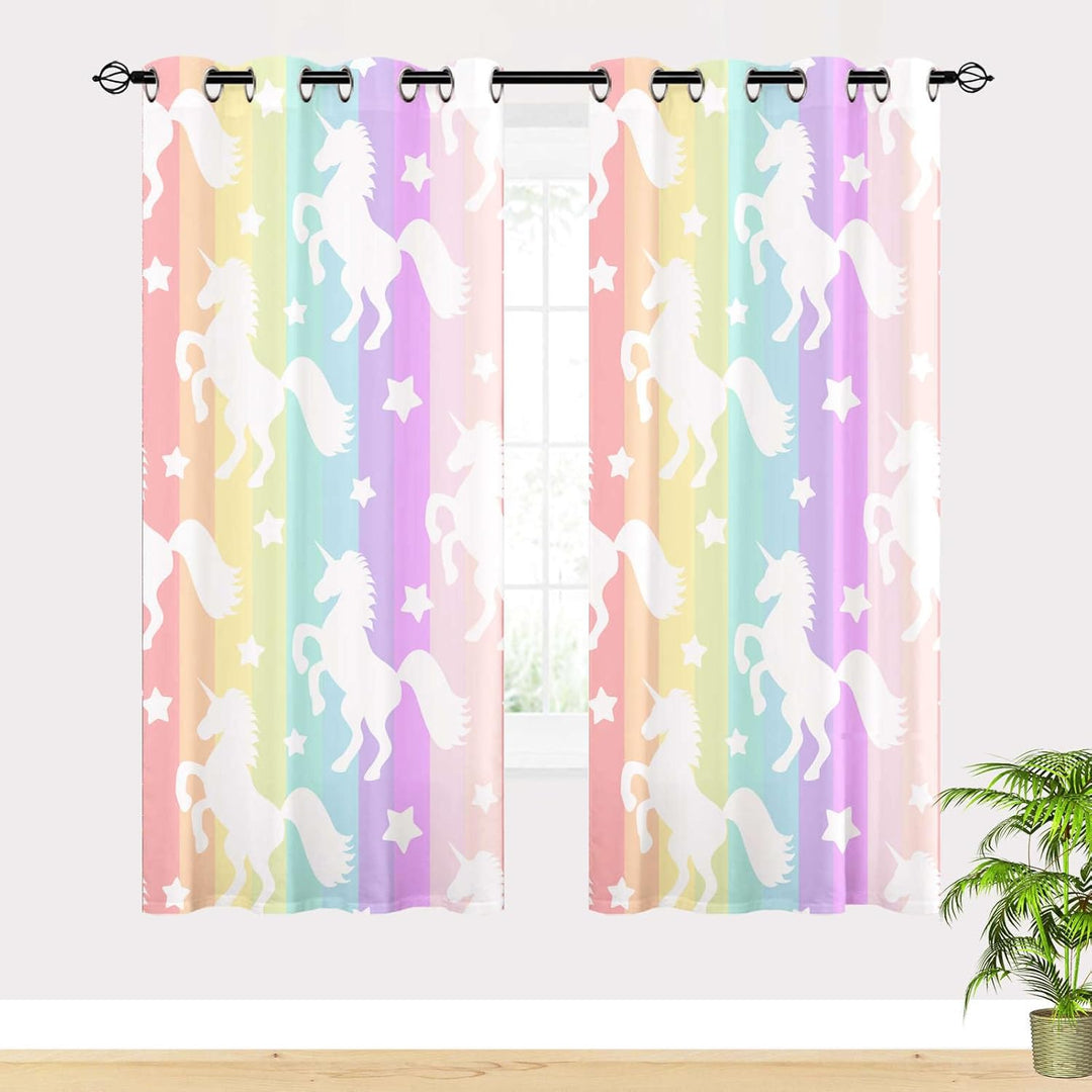 YUANZU Weisses Einhorn Vorhänge Mädchen Regenbogen Streifen Ösen Gardinen mit Blickdichte Vorhang Kä