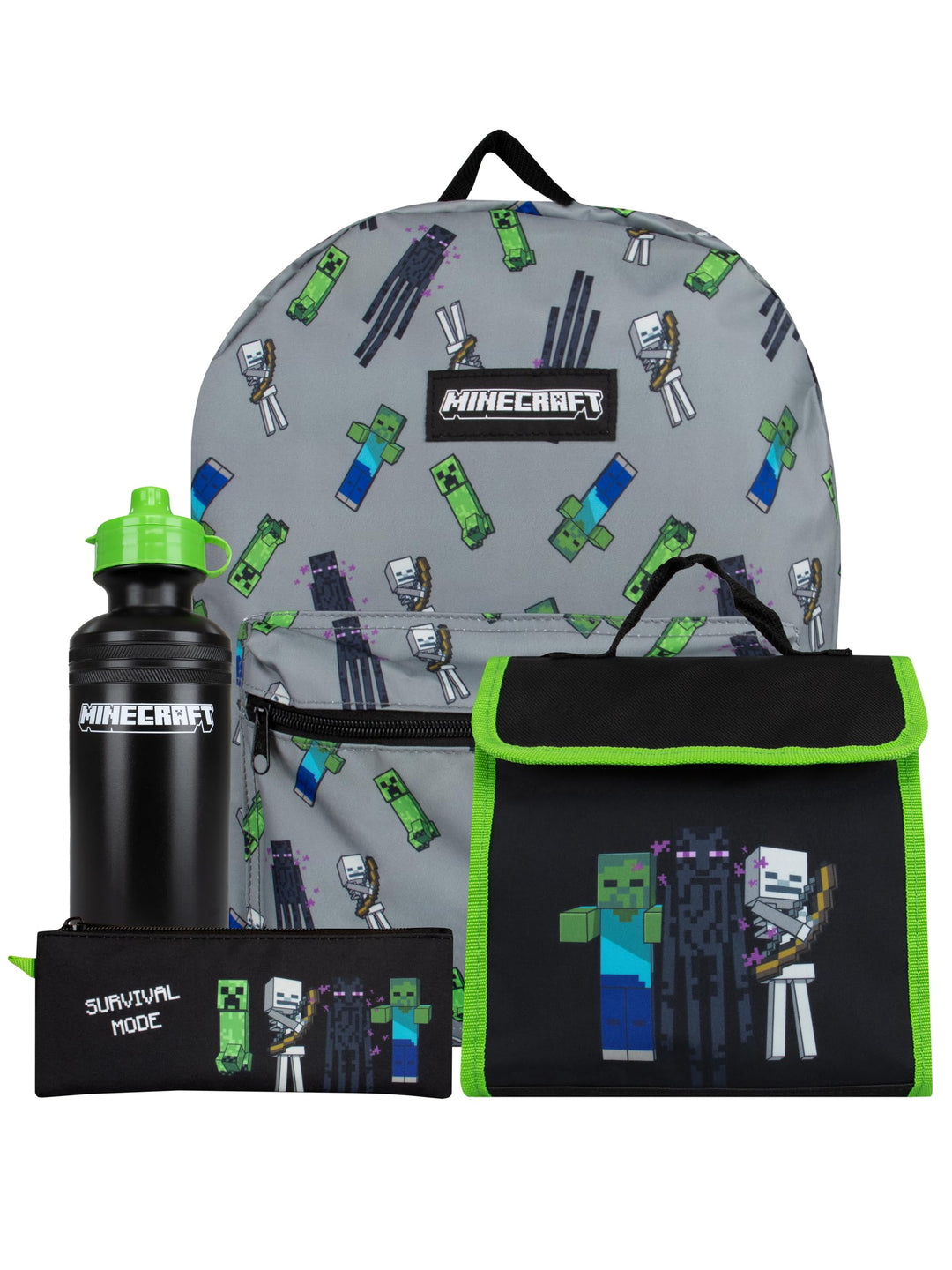 Minecraft Schulranzen Set | Creeper Kinderrucksack | Schulrucksäcke, Brotdosen & Wasserflaschen Set