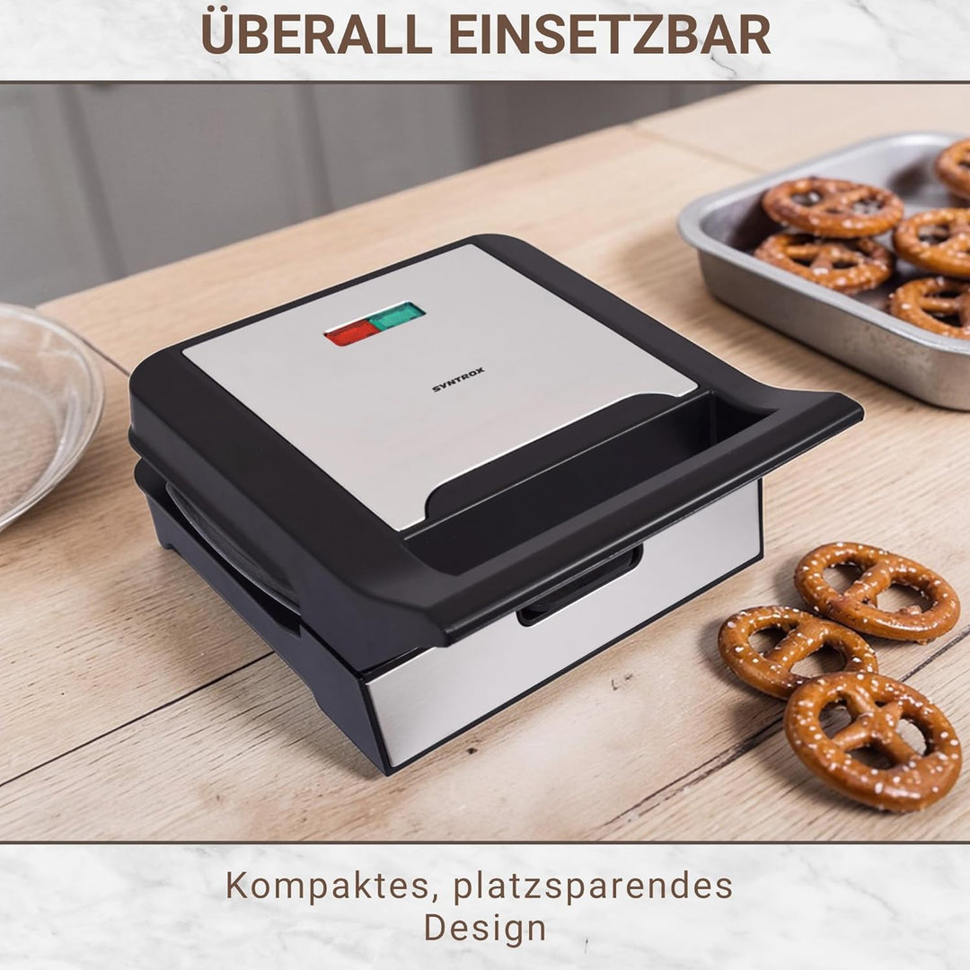 Syntrox Mini Brezel Maker mit Wechselplatten, Edelstahl, schnelles Aufheizen, Antihaftbeschichtet, v