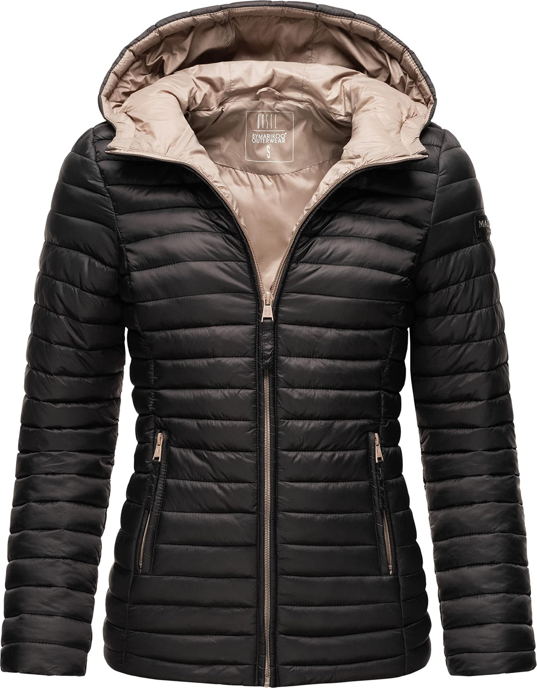 MARIKOO Damen leichte Übergangsjacke Steppjacke mit Kapuze Asraa XS-3XL S Schwarz, S Schwarz