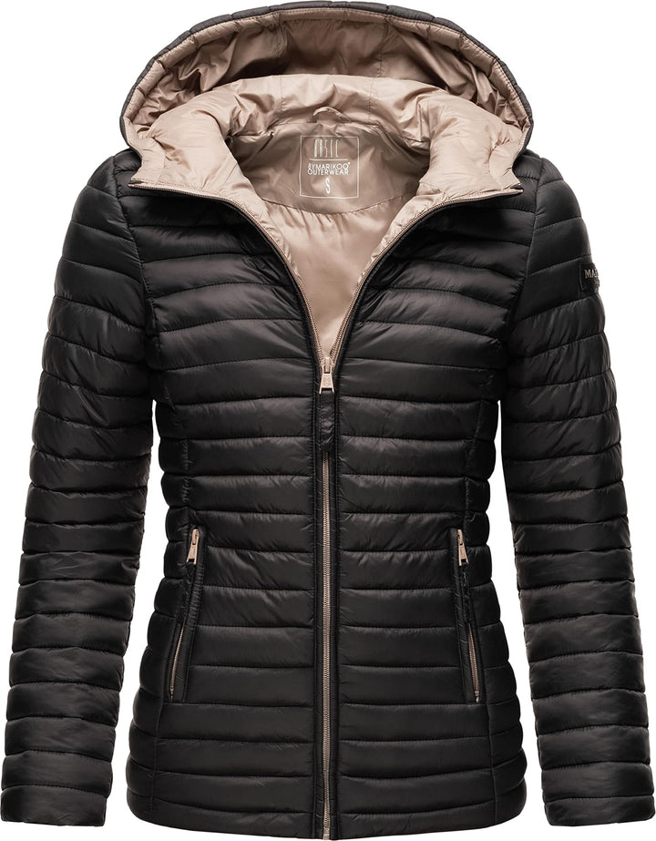 MARIKOO Damen leichte Übergangsjacke Steppjacke mit Kapuze Asraa XS-3XL S Schwarz, S Schwarz
