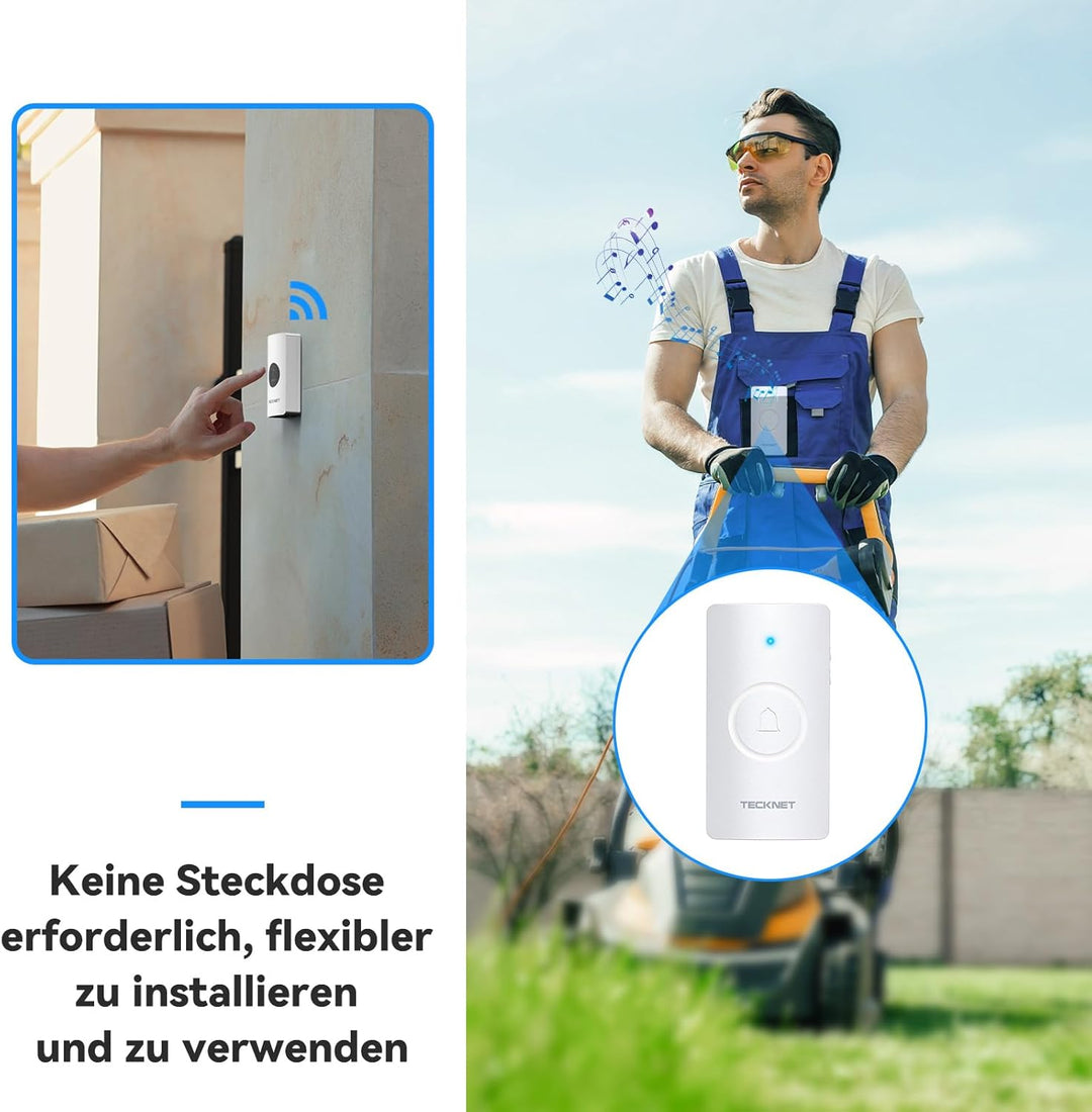 TECKNET Funkklingel, kabelloses Türklingel Batteriebetrieben, wasserdichte Türklingel Set mit 400M k