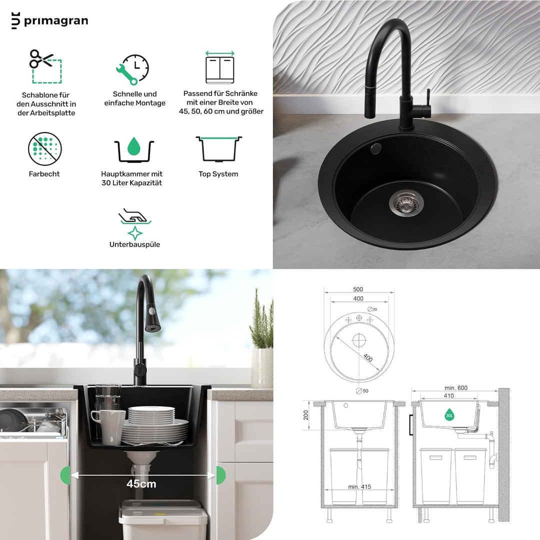 PRIMAGRAN Spülbecken Rund Schwarz 50x50cm, Granitspüle 1 Becken + Ablauf-Set, Küchenspüle ab 45er Un