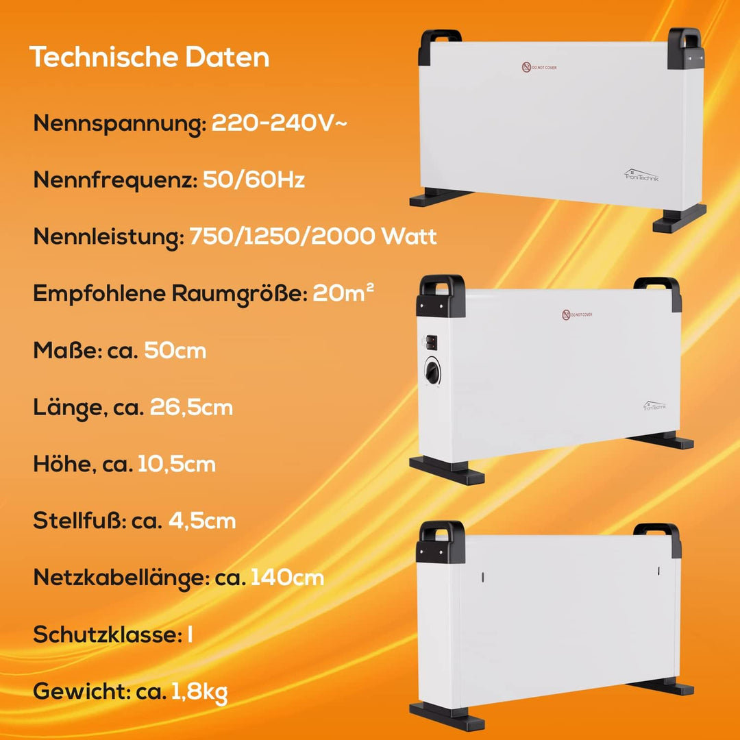 Tronitechnik® Elektroheizer Konvektor Heizgerät Heizkörper mit 3 Leistungsstufen 750/1250/2000 Watt,