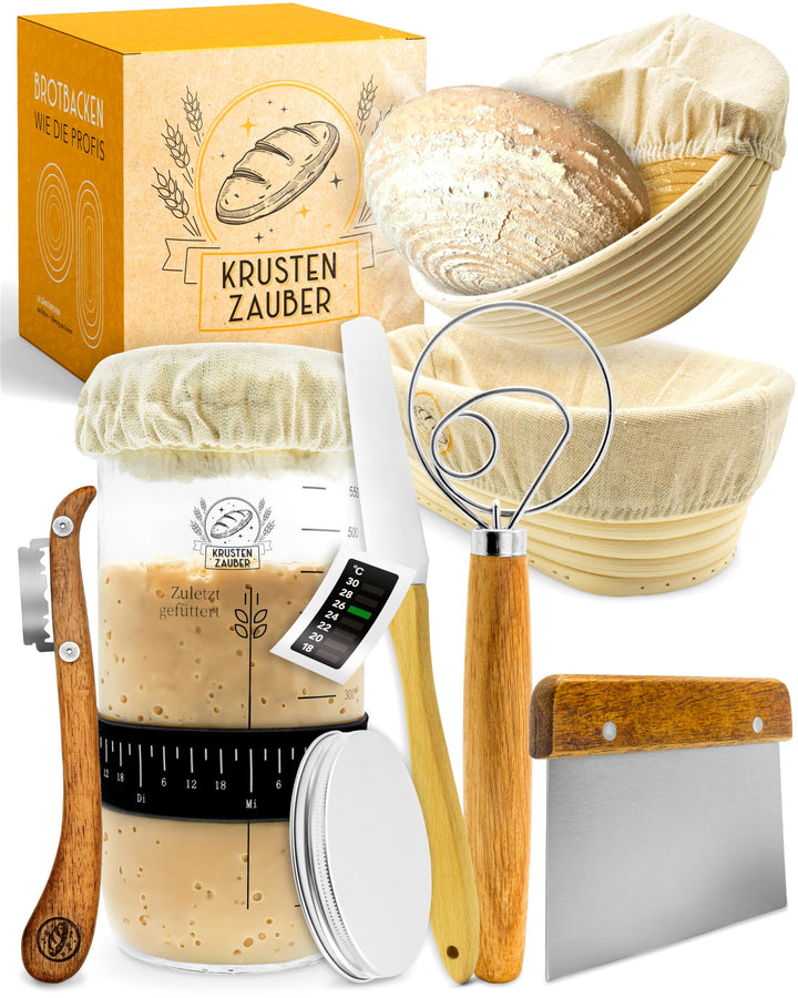 KRUSTENZAUBER 2er Set Gärkörbchen &amp; 600ml Sauerteig Starter Set im Vorteilspack - Gärkörbe aus Ratta