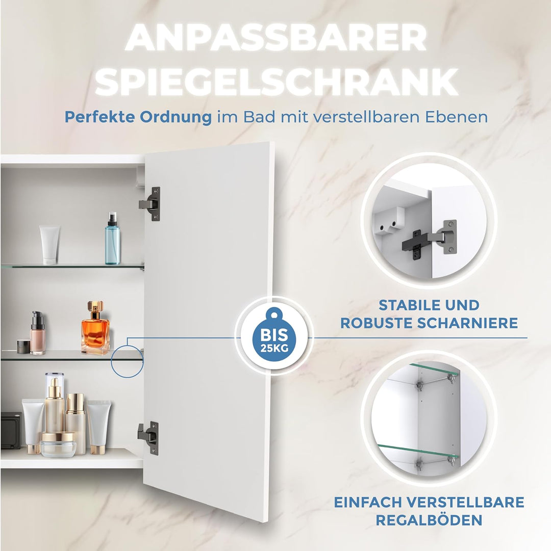 HAPA Design Bad Spiegelschrank mit Beleuchtung und Steckdose Venedig. Austauschbare LED Beleuchtung