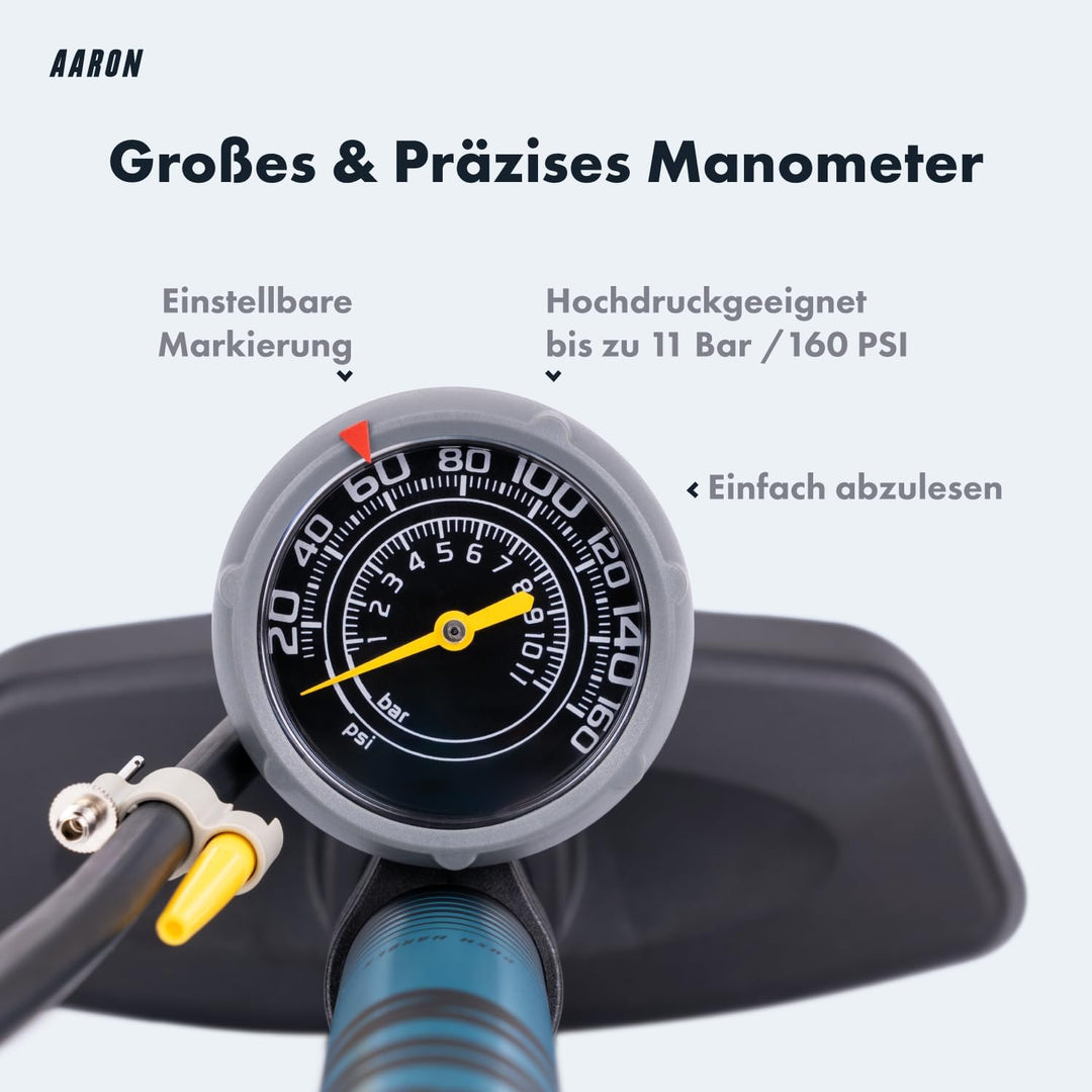 AARON Sport One Fahrrad Standpumpe mit Manometer für alle Ventile | Hochdruck Fahrradpumpe inkl. Bal