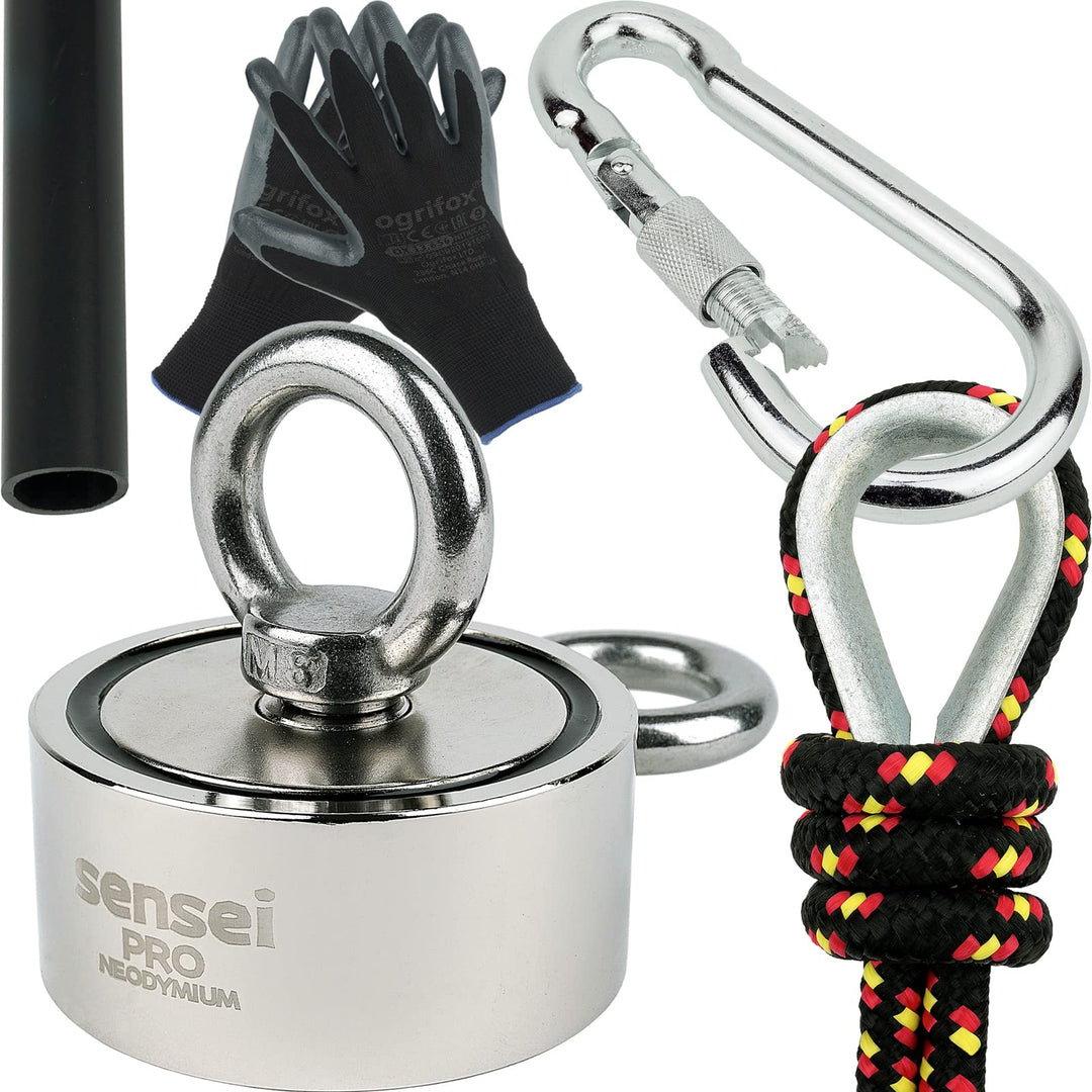 SENSEI Set 150 kg, Doppelseitiger N52 Neodym-Magnet mit 2 Ösen, Ø6 x H2,7 cm, Segelseil 25 m, Schutz