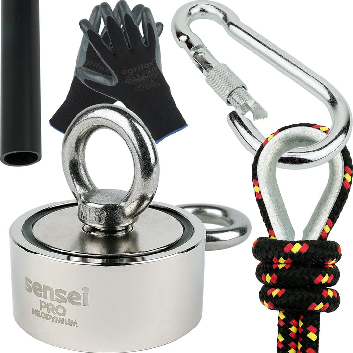 SENSEI Set 150 kg, Doppelseitiger N52 Neodym-Magnet mit 2 Ösen, Ø6 x H2,7 cm, Segelseil 25 m, Schutz