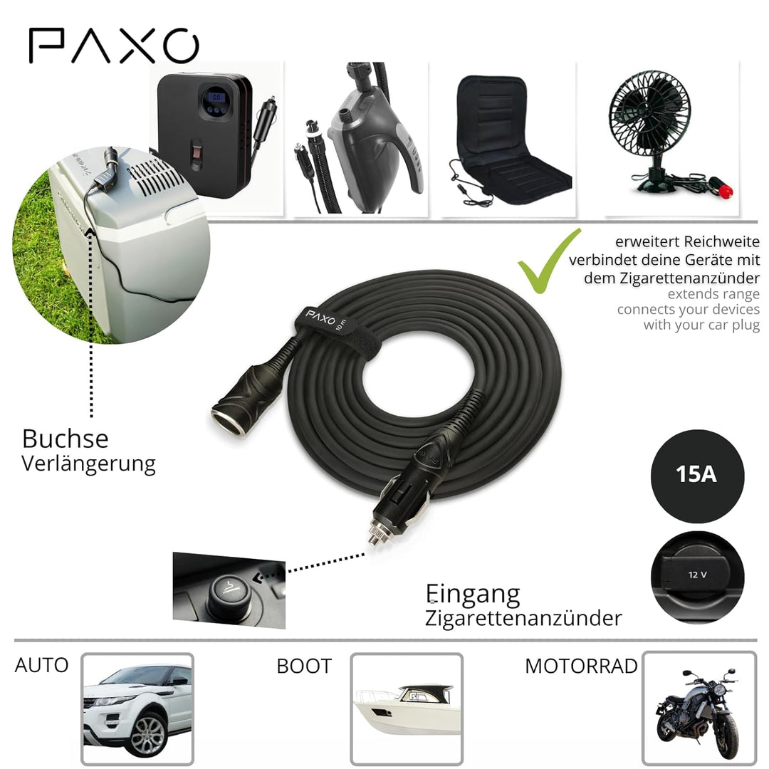 PAXO 10m KFZ Verlängerungskabel 12V, Verlängerung, 15A Sicherung, Vollgummileitung mit Stecker und B