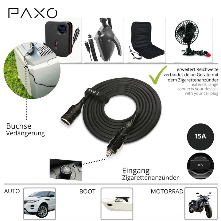 PAXO 10m KFZ Verlängerungskabel 12V, Verlängerung, 15A Sicherung, Vollgummileitung mit Stecker und B
