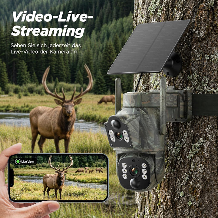 VOOPEAK 4G LTE Wildkamera mit SIM Karte, Dual-Objektiv Wildtierkamera mit 360° Live-Übertragung, 2K
