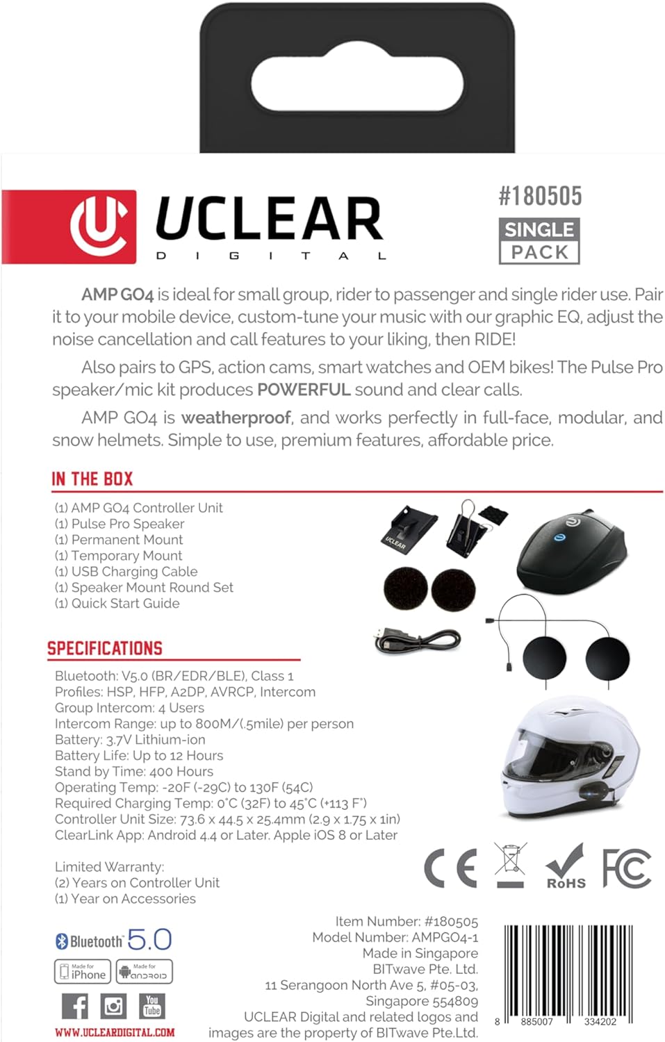 UClear Unisex – Erwachsene AMP Go 4 Helmkommunikationssystem, Schwarz, Einheitsgrösse