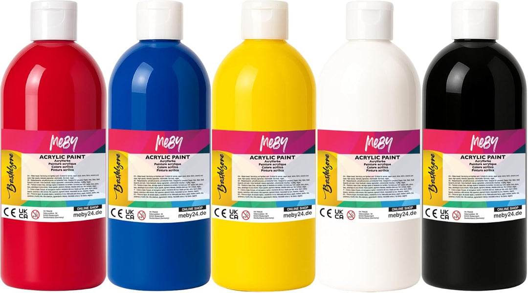 Acrylfarben-Set. 5 Farben je 500ml. Deckende Malfarben für Leinwand, Pouring, Papier, Holz, Stein, S