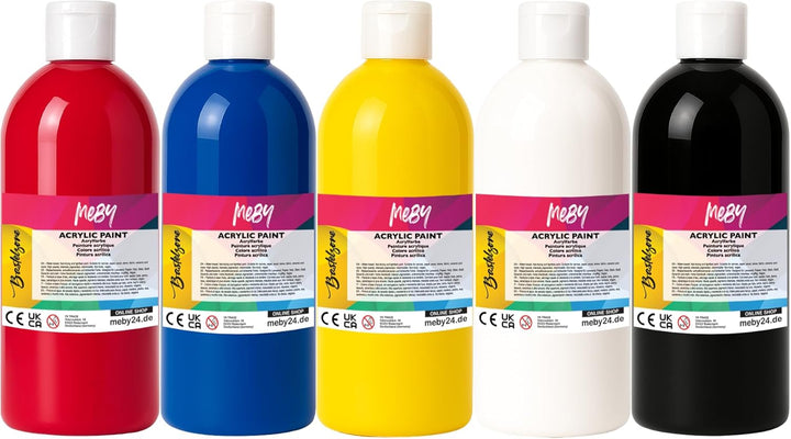 Acrylfarben-Set. 5 Farben je 500ml. Deckende Malfarben für Leinwand, Pouring, Papier, Holz, Stein, S