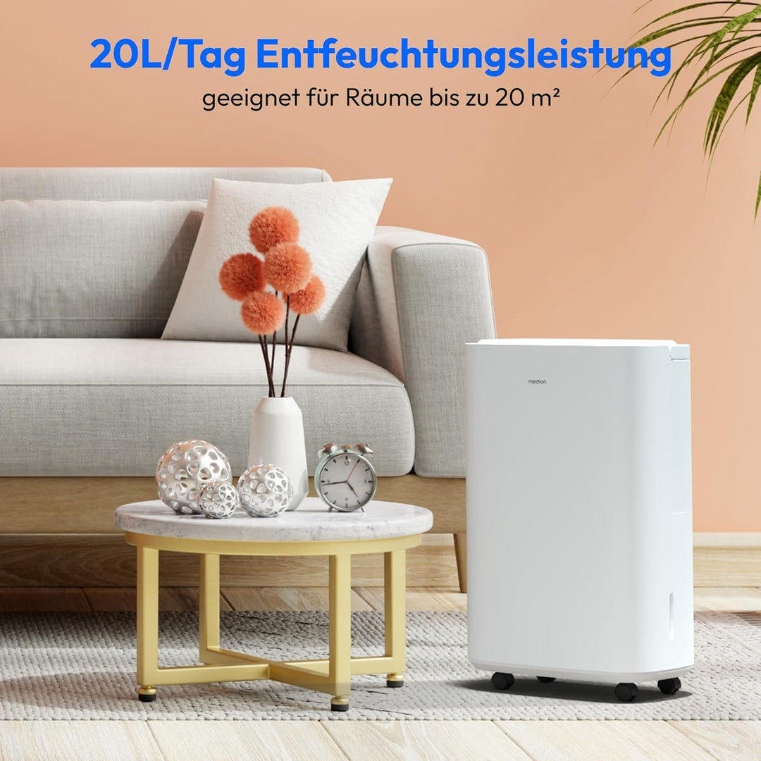 MEDION DH20 Luftentfeuchter elektrisch (bis zu 100m³ (20m²), 20Liter/24h, 43db leise, elektrischer R
