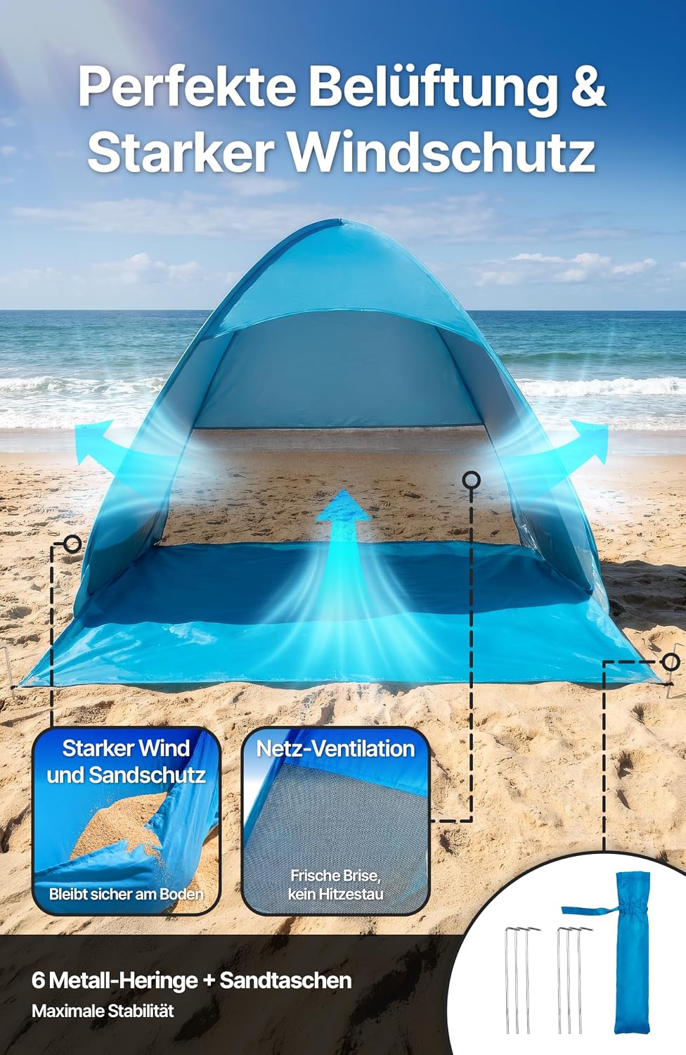 4smile Pop Up Strandmuschel mit UV-Schutz 50+, Strandzelt für 2-3 Personen, Windschutz &amp; Sonnenschut