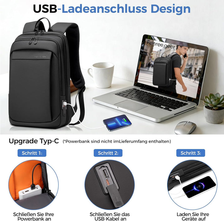 Laptop Business Rucksack Herre - Leichter 17,3 Zoll Slim Laptoprucksack mit USB - Ladeanschluss Wass