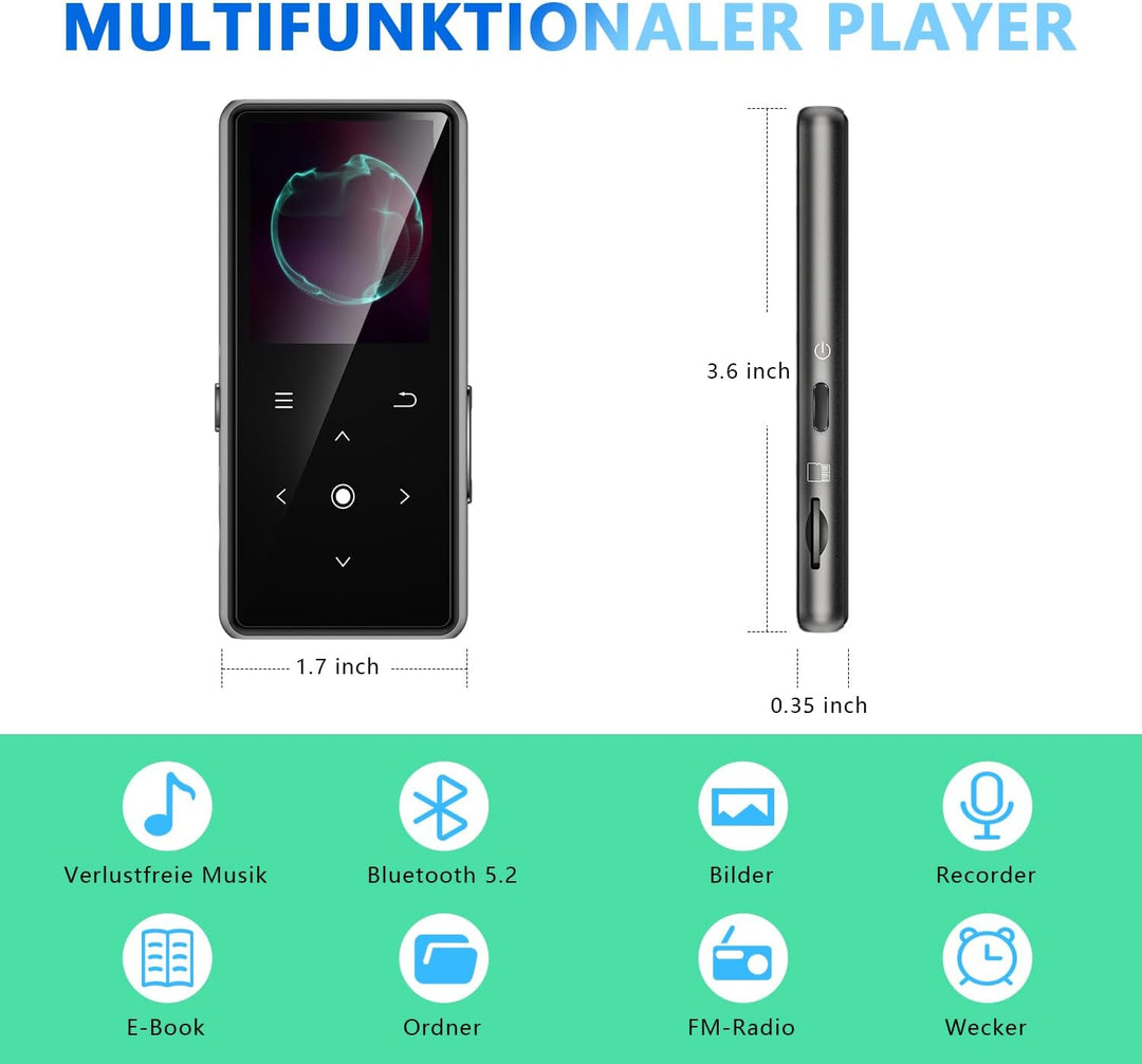 128GB MP3 Player with Bluetooth 5.2, AiMoonsa Music Player with Built-in HD Speaker, FM Radio, Voice