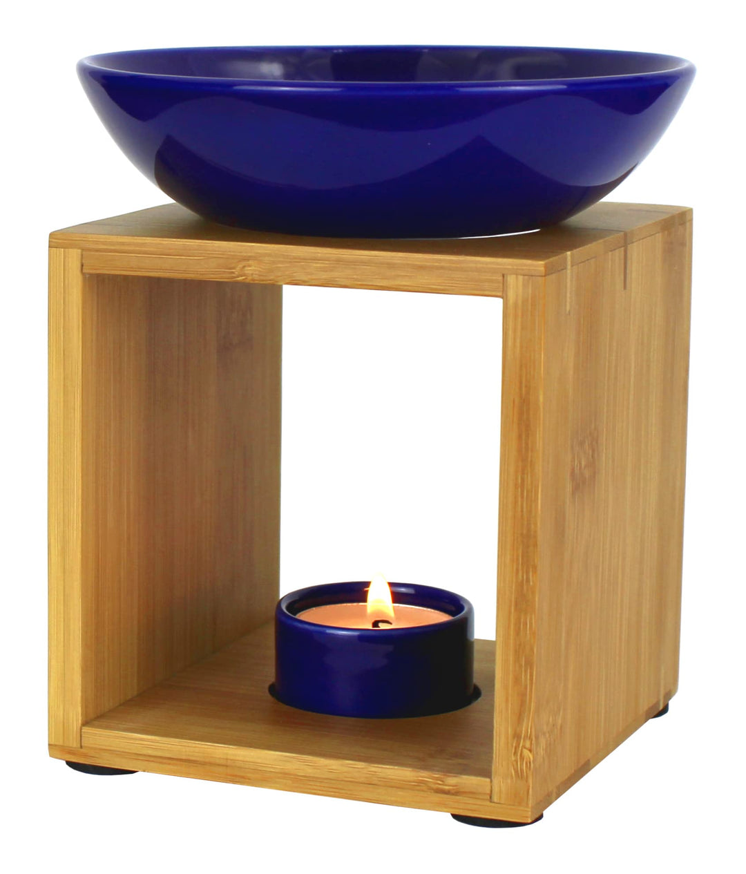 Bitto Duftlampe Malmö Blau mit Kerze, grosse Schale, Fair Trade, Aromalampe aus Bambusholz und Keram