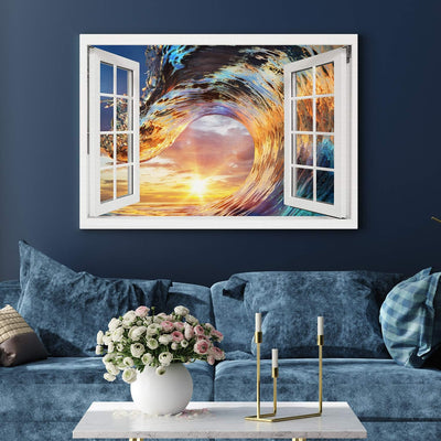 PICANOVA – Bild auf Leinwand Wellen-Sonnenuntergang Fenster 120x80cm – Leinwandbild – Premium Leinwa