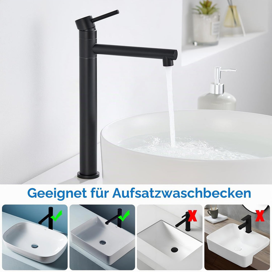 Waschtischarmatur Hoch, Wasserhahn Bad Schwarz Matt für Aufsatzwaschbecken, 360° Schwenkbar Armatur
