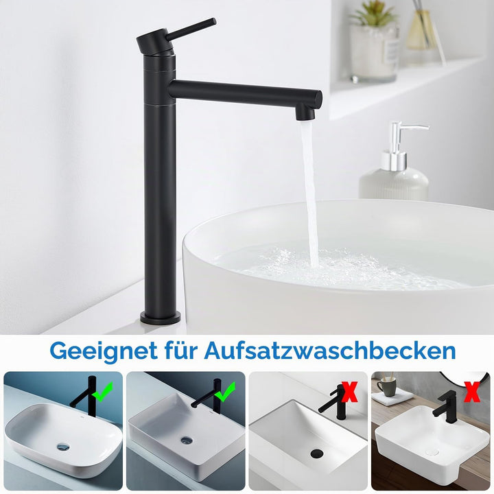 Waschtischarmatur Hoch, Wasserhahn Bad Schwarz Matt für Aufsatzwaschbecken, 360° Schwenkbar Armatur