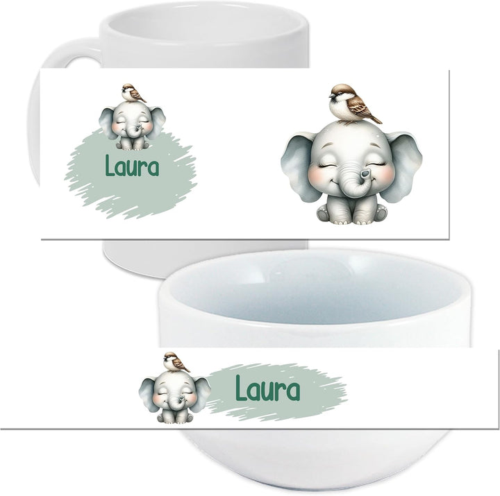 GRAZDesign Frühstückset Tasse mit Müslischale personalisiert für Kinder Elefant Motiv aus Keramik -
