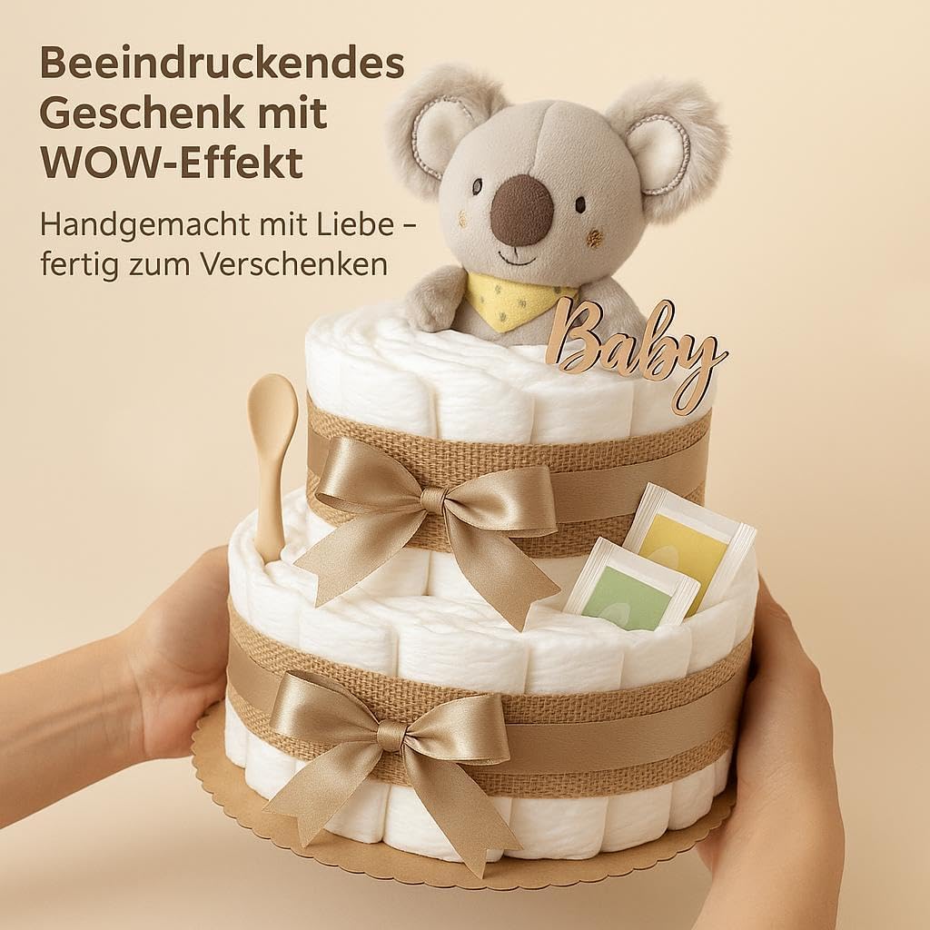 Windeltorte Mädchen & Junge mit Koala Greifling - Boho Vintage [Handmade] – Baby Geschenk zur Geburt