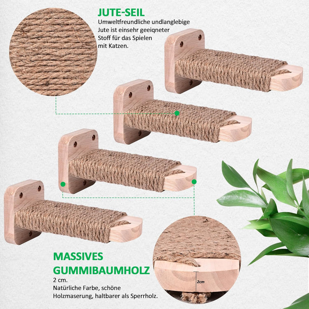Katzentreppe Wand(4pcs), Kletterwand Katzen, mit Einlage-Handwerkskunst, aus 2cm Massives Gummiholz,