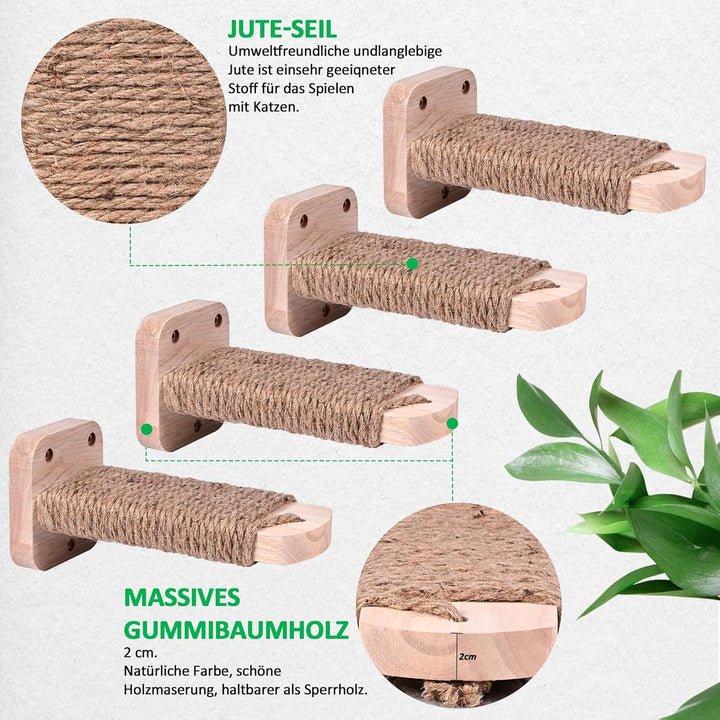 Katzentreppe Wand(4pcs), Kletterwand Katzen, mit Einlage-Handwerkskunst, aus 2cm Massives Gummiholz,
