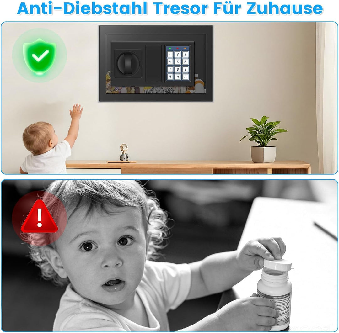 Digitaler Safe Tresor für Zuhause mit Feuerfester Tasche, Kleiner Tresor mit Zahlenschloss, Alarmmod