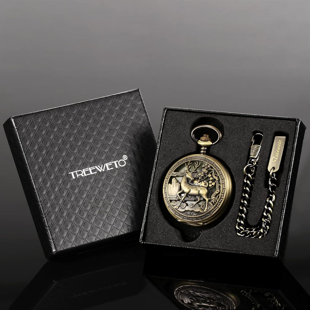 Treeweto Vintage Taschenuhr, mechanisch, doppelter Abdeckung, hohles Gehäuse, Skelett, Steampunk, Hi