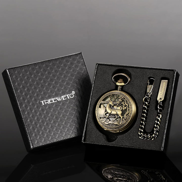 Treeweto Vintage Taschenuhr, mechanisch, doppelter Abdeckung, hohles Gehäuse, Skelett, Steampunk, Hi