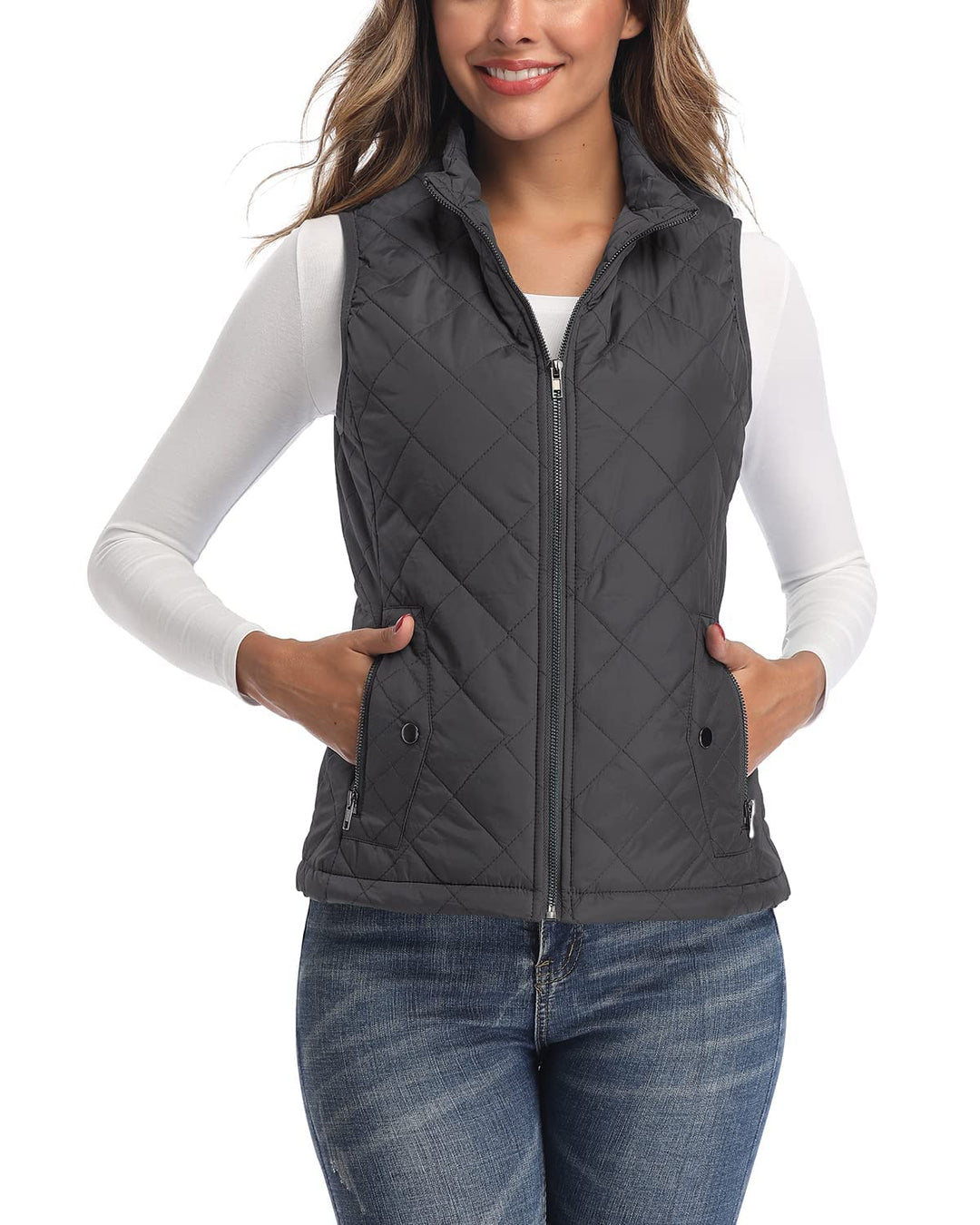 LONGKING Damen Wattiert Mode-Westen XS Dunkelgrau, XS Dunkelgrau