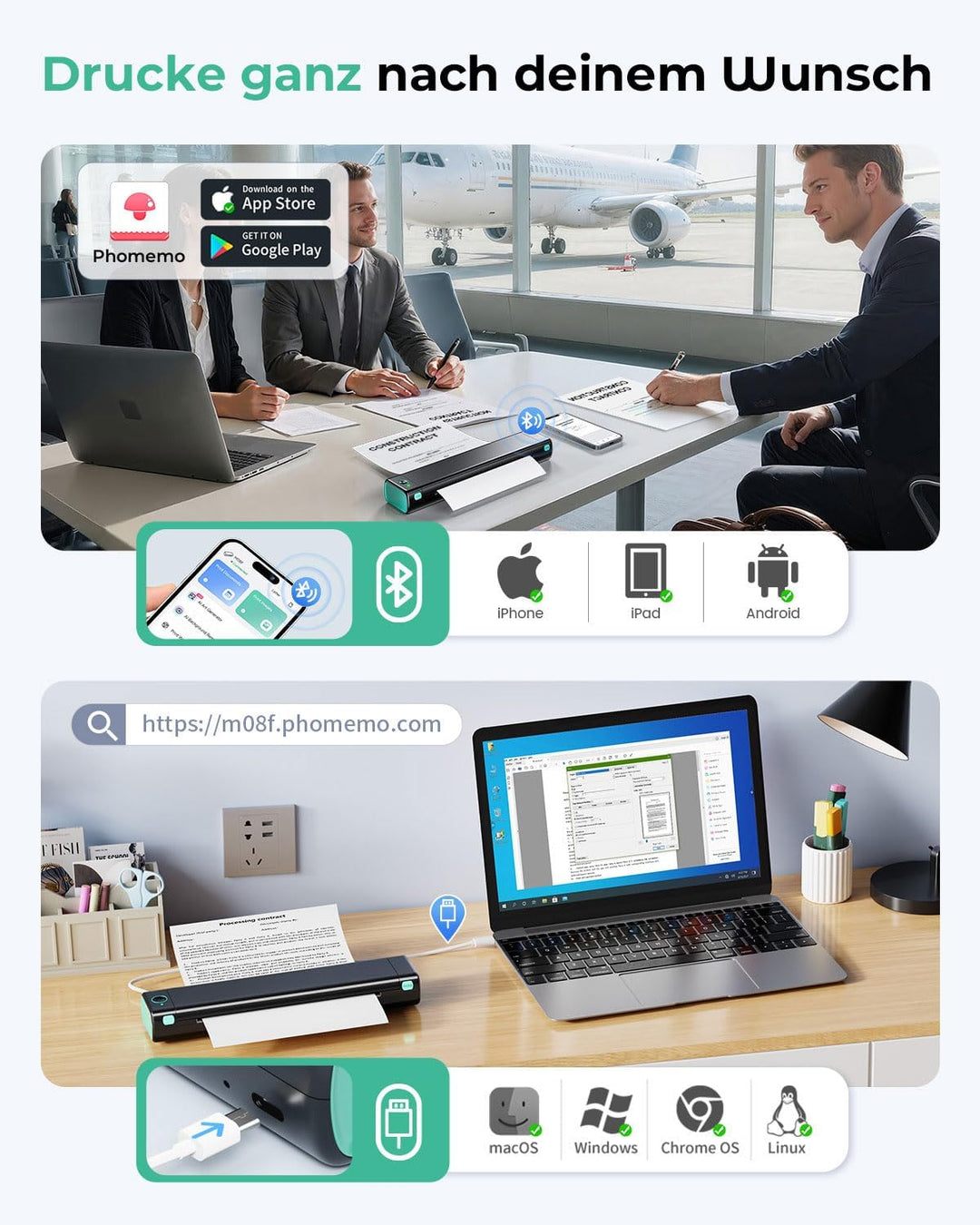 Phomemo M08F Mobiler Drucker A4 für Unterwegs Bluetooth Kleiner Thermodrucker - Portable Printer Kom