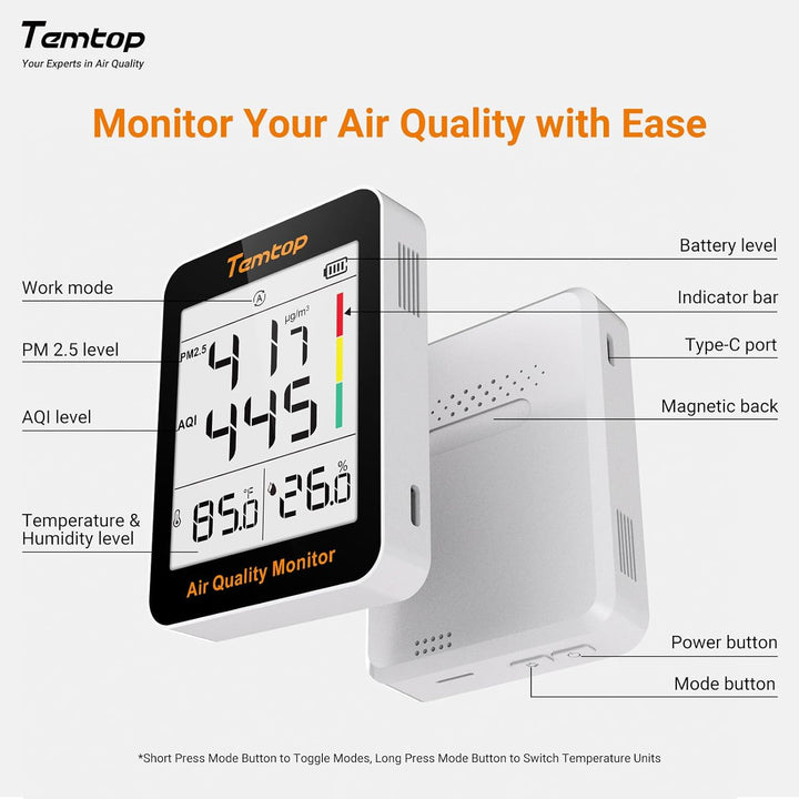 Temtop S1-UP Luftqualitätsmessgerät PM2.5, AQI, Temperatur Und Feuchtigkeit, Ultra-lange Batterielau