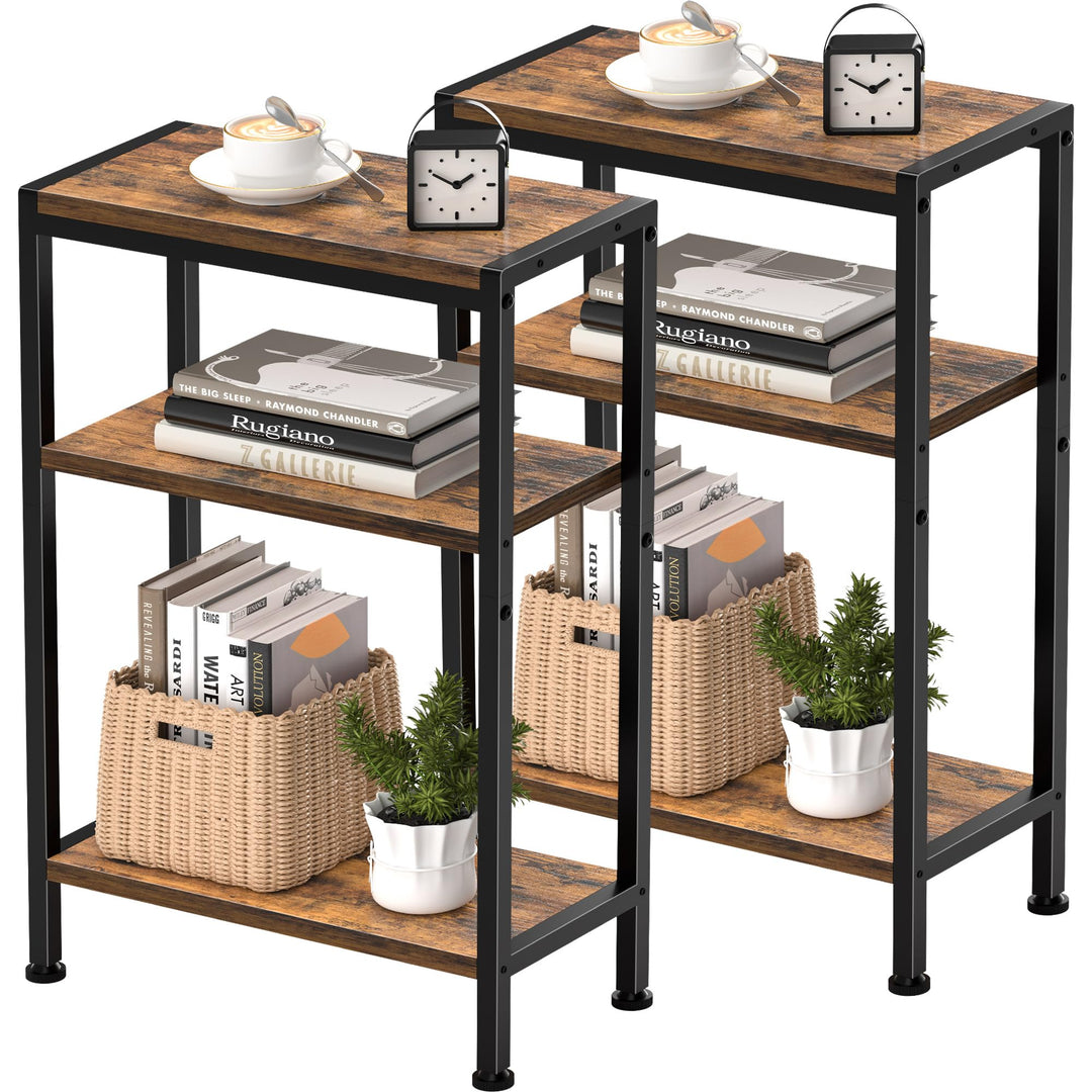 Schmaler Beistelltisch, Nachttisch, 2er Set, Kleiner Tisch, 3 Ablagen Nachttisch Schmal mit Stauraum