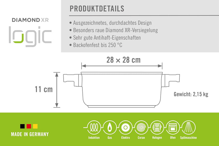 Woll Diamond Logic XR Pro Kasserolle, viereckig, mit 2 Seitengriffen - Induktiv -, 28 cm x 28 cm, 11
