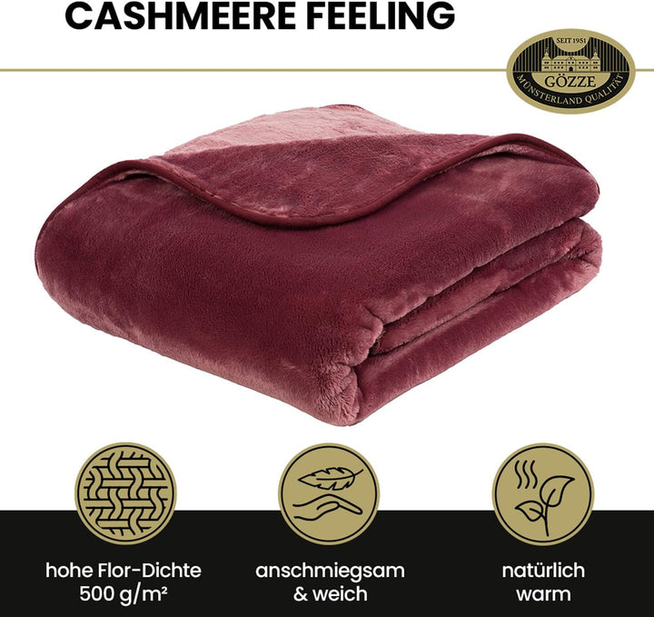 Gözze - Premium Cashmere-Feeling Wohn- und Kuscheldecke, 500 g/m², 130 x 170 cm - Beere Offwhite 130