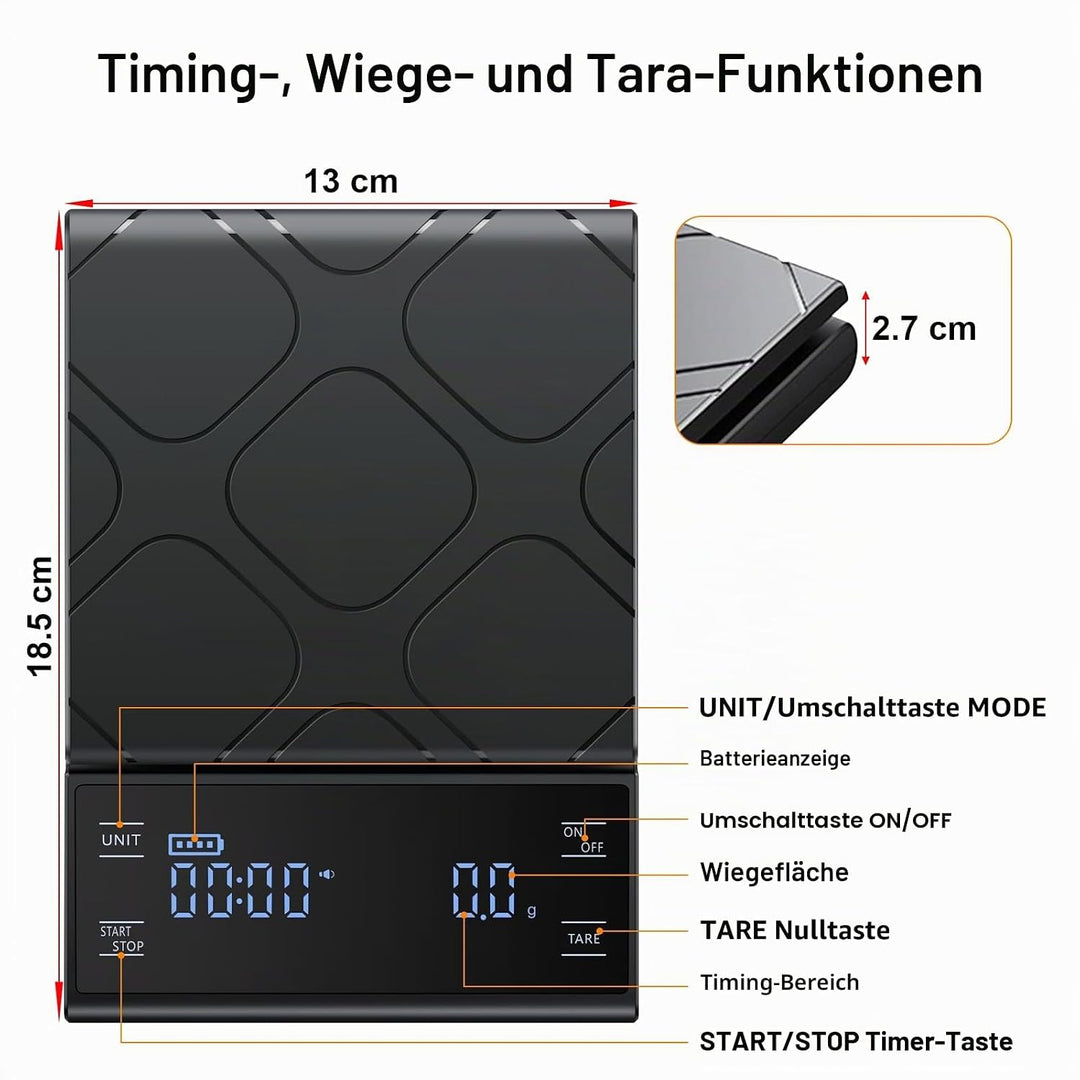 Digitale Kaffeewaage mit Timer 0,1g/5kg Hochpräzise Küchenwaage mit LED-Anzeige Tara Funktion und To